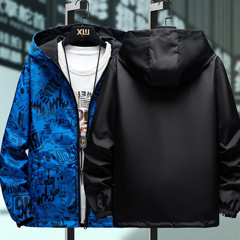 Strewear Graffiti Printed Fashion Reversible Jacket Men Thin Hooded Jackets Windbreakers Clothing Plus Size M-5XL