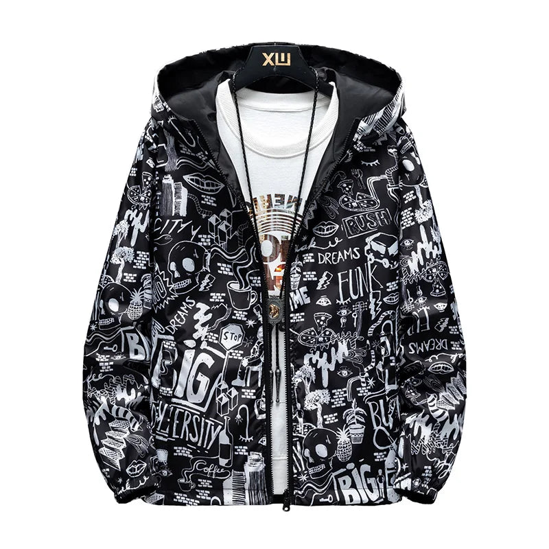 Strewear Graffiti Printed Fashion Reversible Jacket Men Thin Hooded Jackets Windbreakers Clothing Plus Size M-5XL