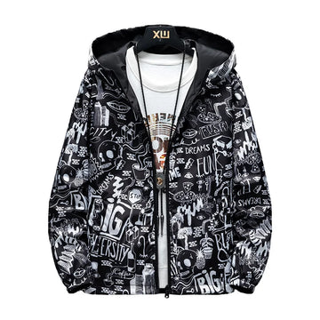Strewear Graffiti Printed Fashion Reversible Jacket Men Thin Hooded Jackets Windbreakers Clothing Plus Size M-5XL