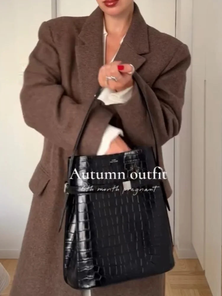 Women Shoulder Pad Wool Long Coats Fashion Lapel Single-breasted Long Sleeve Coat Chic 2025 Autumn Lady Commute Street Outerwear