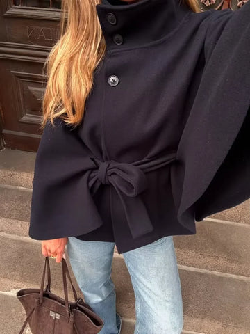 Fashion Women's Lace Up Woolen Cape Coats Loose Stand Collar Batwing Sleeve Button Black Gray Jackets 2025 Autumn Streetwear