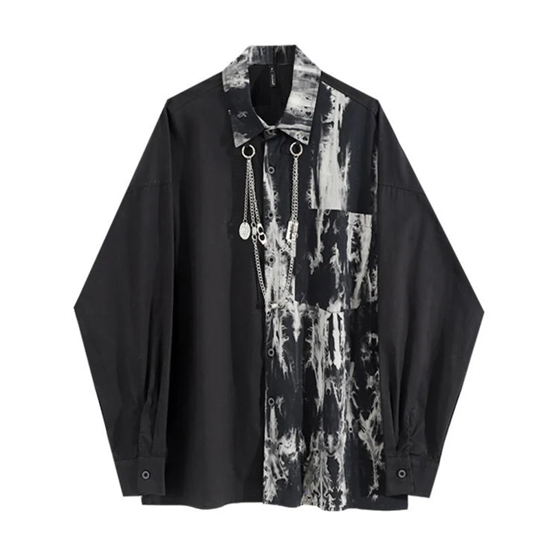 Arens Techwear Men's Spring Suit Vintage Black Tie-Dye Chain Shirt+Cargo Pant Splicing Blouse Jacket Long-Sleeved Chain Trousers