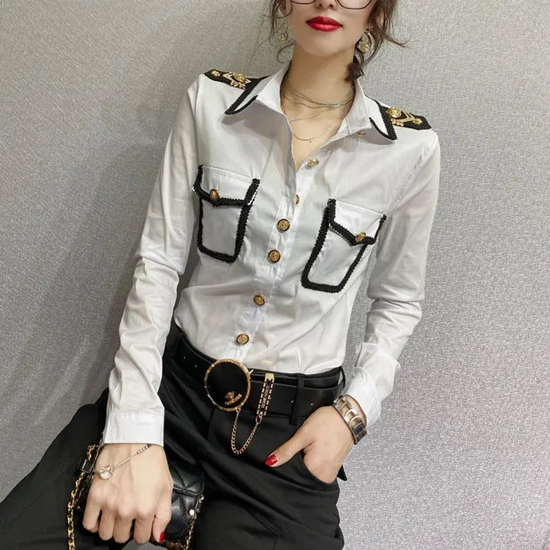 Streetwear Fashion Epaulet Shirt Spring Autumn Chic Single-breasted Women's Clothing Solid Color Bright Line Decoration Blouse