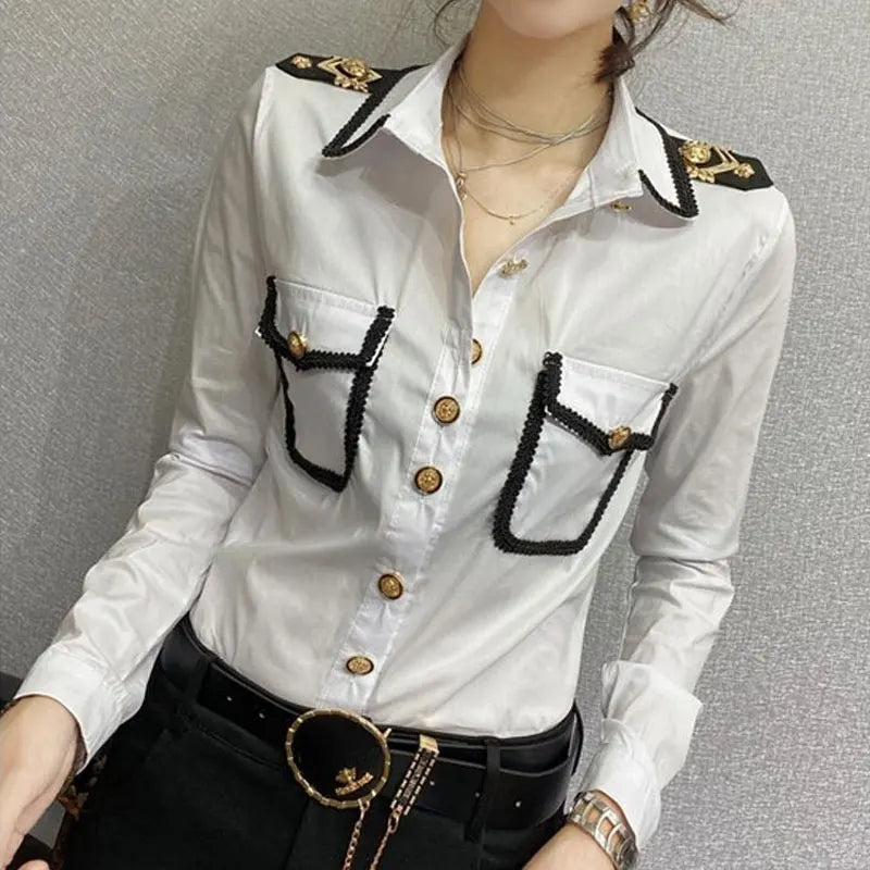 Streetwear Fashion Epaulet Shirt Spring Autumn Chic Single-breasted Women's Clothing Solid Color Bright Line Decoration Blouse