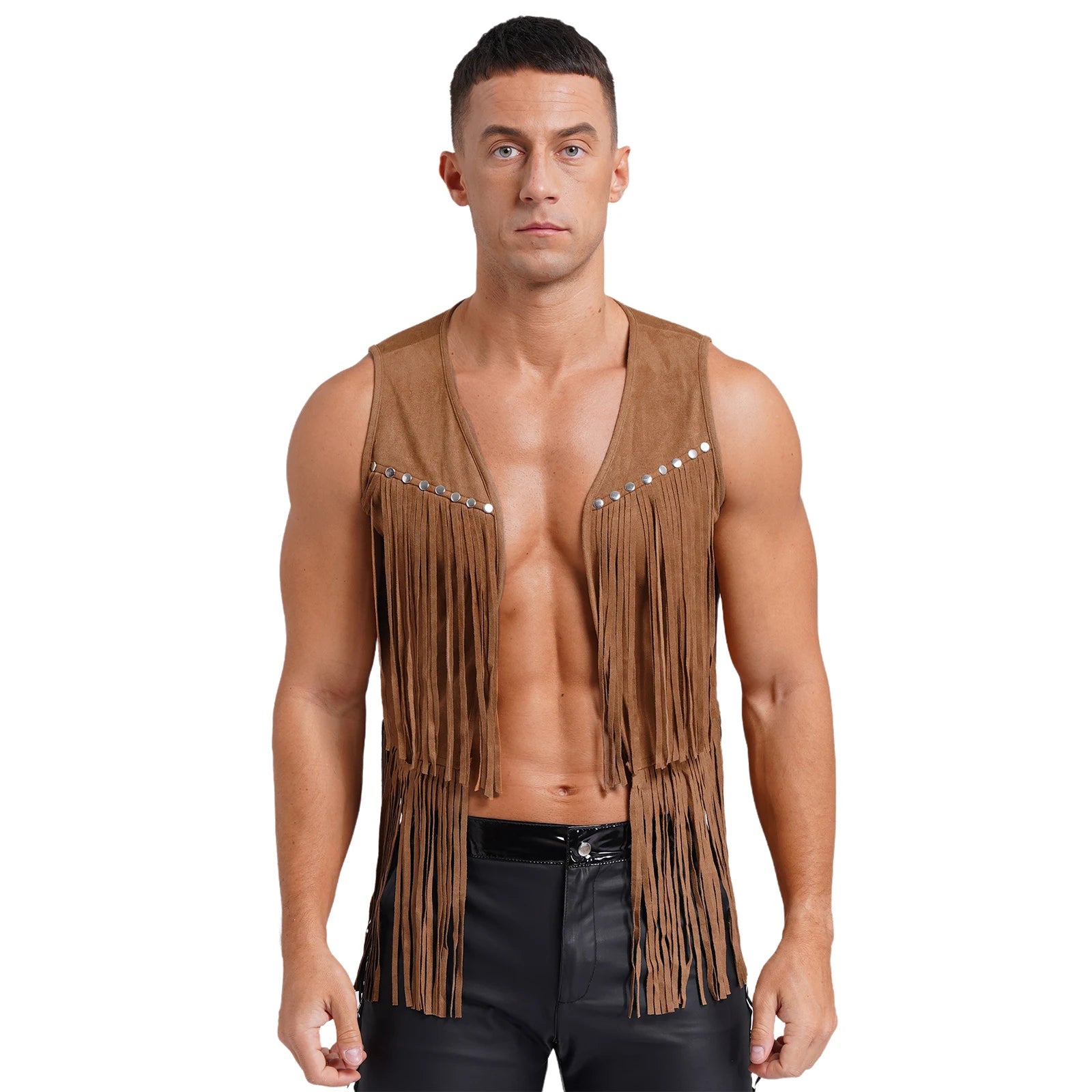 Mens Western Cowboy Vintage Faux Suede Tassel Vest Tops Open Front Rivets Fringe Waistcoat Jacket Festival Rave Party Clubwear
