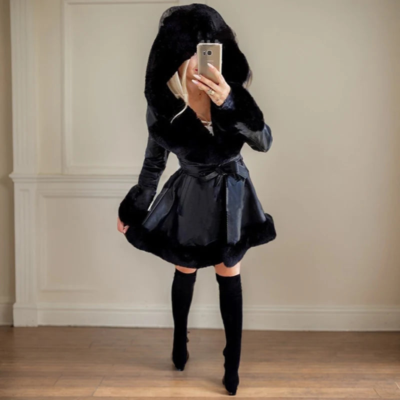 Streetwear Warm Outerwear Fashion Splicing Lapel Fur Ruffled Hooded Jacket for Women Casual Contrast Color Fur Collar Belt Coat