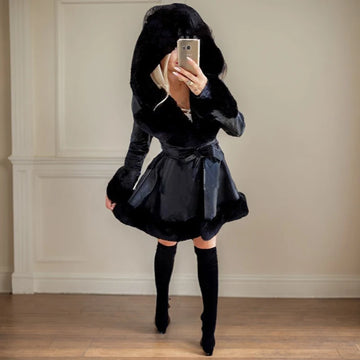 Streetwear Warm Outerwear Fashion Splicing Lapel Fur Ruffled Hooded Jacket for Women Casual Contrast Color Fur Collar Belt Coat