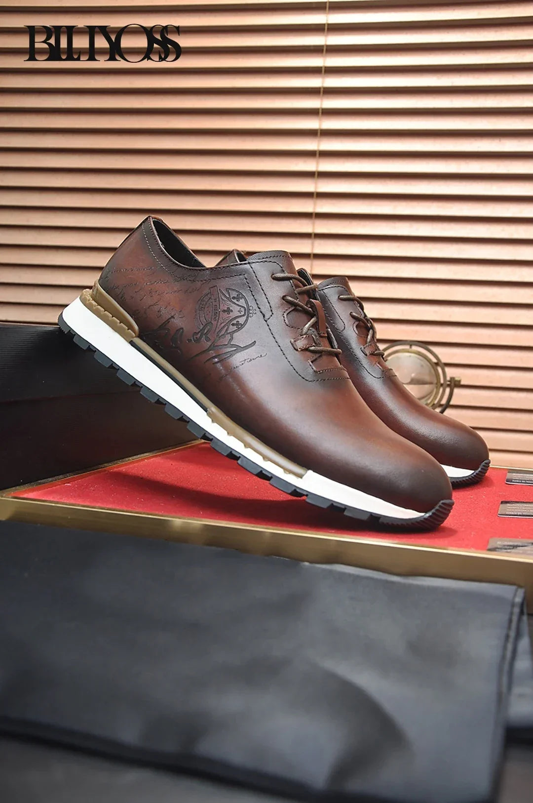 BLLIYOSS Shoes for Men 2025 new Calf leather stitching  high quality Three dimensional relief sculpture Embossed badge pattern